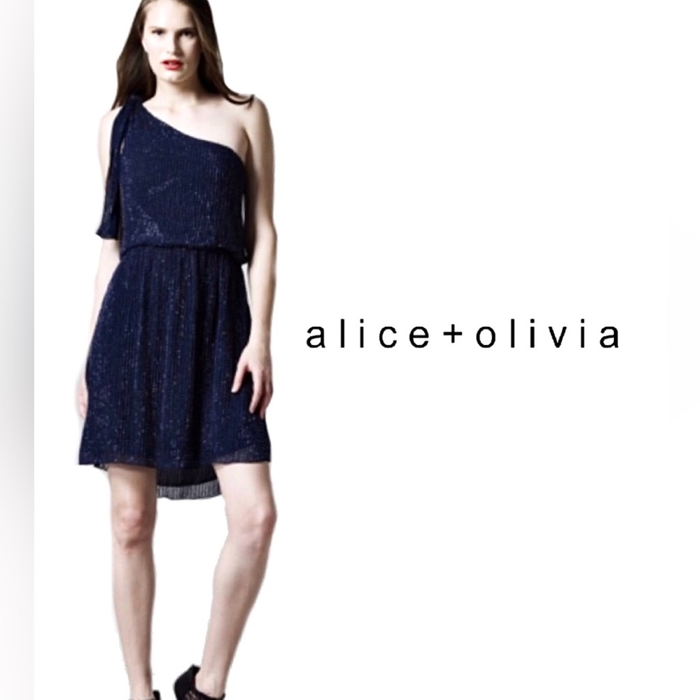 Alice + Olivia Navy Blue Sade Beaded One Shoulder Dress XS